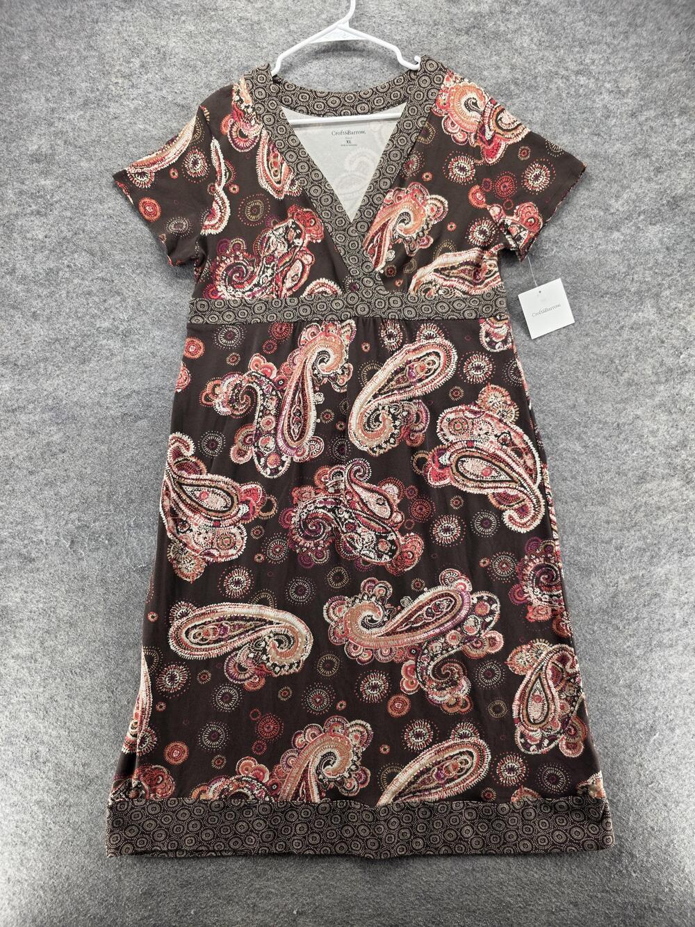 Croft & Barrow Dress Womens XL Brown A-Line Midi Paisley V-Neck Stretch Jersey